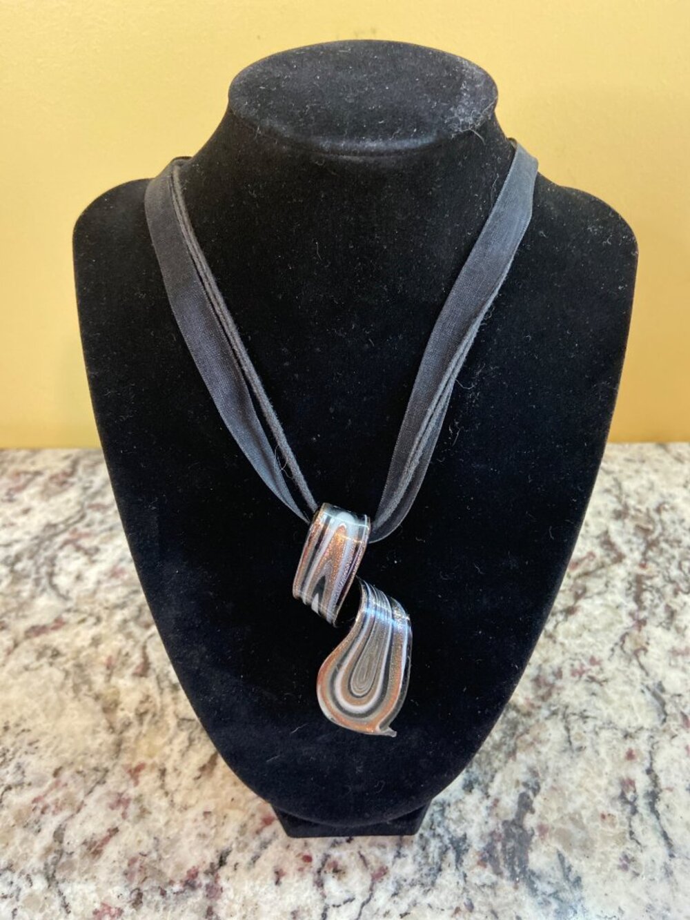 Art Glass Ribbon Pendant Necklace Black Copper Swirl Murano Style Boho Statement